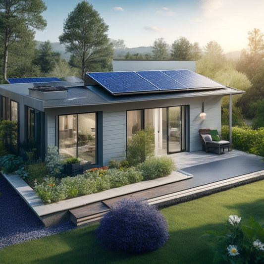 A serene landscape with a modern home surrounded by lush greenery, featuring a sleek solar panel array on the roof and a compact battery storage unit nestled beside a blooming garden.