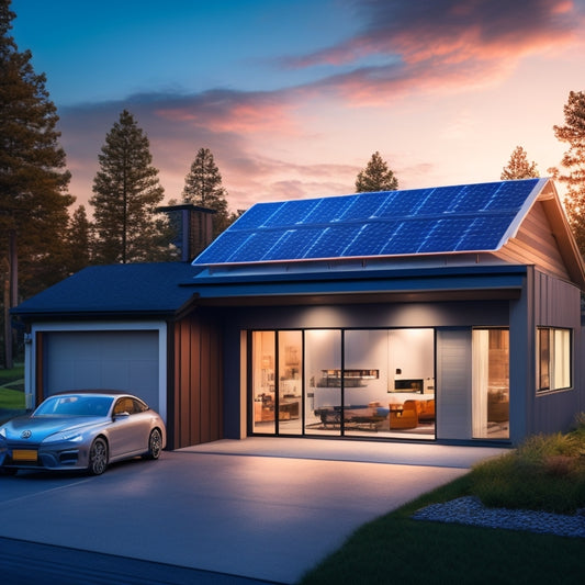 A modern home with solar panels on the roof, showcasing a sleek energy storage unit in the garage, surrounded by tools, wires, and a glowing indicator light, illustrating a sustainable energy setup.
