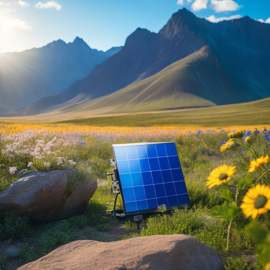 A serene remote landscape featuring a high-efficiency solar battery charger amidst rugged mountains, vibrant wildflowers, and a clear blue sky, with sunlight reflecting off the sleek solar panels, showcasing energy independence in nature.