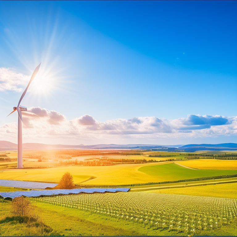 A vibrant landscape featuring solar panels and wind turbines, with a modern energy storage system integrated seamlessly. Bright blue skies with fluffy clouds, and electric vehicles charging nearby, symbolizing a sustainable, renewable energy future.