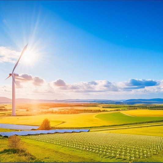 A vibrant landscape featuring solar panels and wind turbines, with a modern energy storage system integrated seamlessly. Bright blue skies with fluffy clouds, and electric vehicles charging nearby, symbolizing a sustainable, renewable energy future.