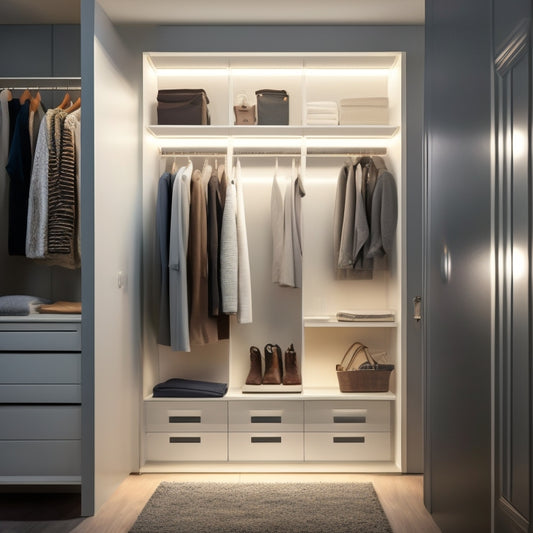 A minimalist closet interior with a sleek, floor-to-ceiling organizer system illuminated by a slender, rechargeable solar-powered LED strip light mounted on the top shelf, surrounded by neatly arranged clothes and storage bins.