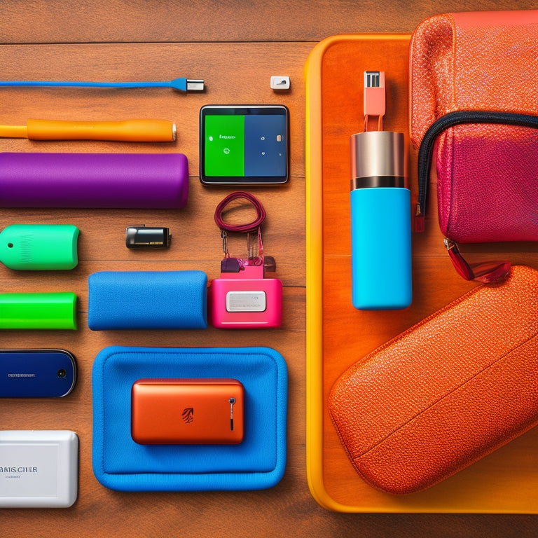 A flat lay of various sleek portable external batteries in vibrant colors, scattered among a travel backpack, smartphone, and headphones, all set against a textured wooden surface to evoke a sense of adventure and mobility.