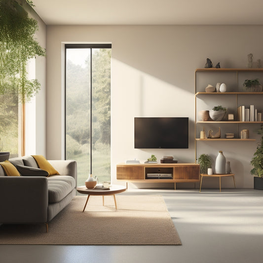 A serene, minimalist living room with a sleek, cubby-filled shelving unit against a natural stone wall, its solar panels subtly integrated, surrounded by lush greenery and warm, golden lighting.