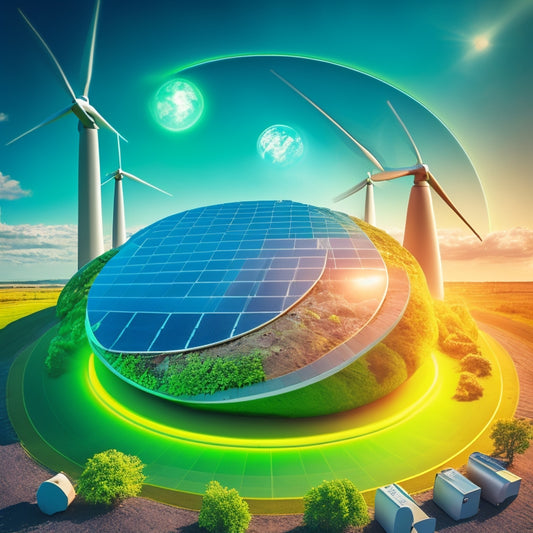 A futuristic, minimalist illustration featuring a stylized, glowing green earth at its center, surrounded by various deep cycle batteries of different sizes and shapes, with subtle, swirling solar flares and wind turbines in the background.