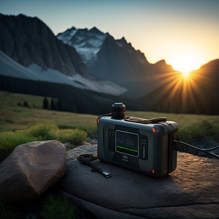 A portable, rugged power bank with solar panels and a handle, placed on a rocky outdoor terrain, surrounded by camping gear and a serene mountainous landscape at sunset.