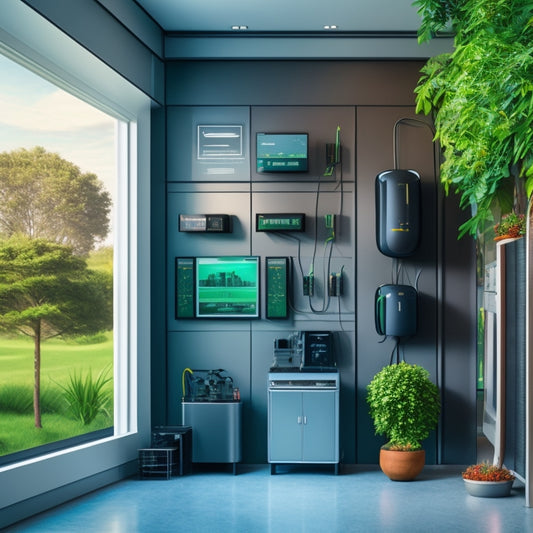 A futuristic home interior with sleek, modern batteries of varying sizes and brands (Tesla, LG, Sonnen) lined up on a wall, with wires and circuits connecting them, amidst a subtle background of circuit boards and greenery.