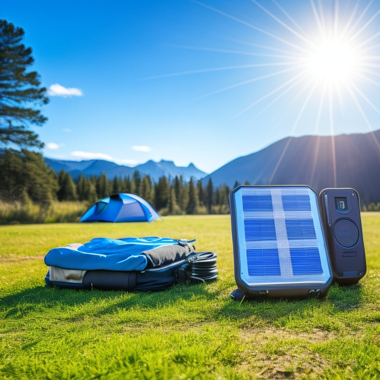 A rugged solar power bank charging under a bright sun, surrounded by camping gear like tents, backpacks, and a serene forest backdrop, with a clear blue sky and distant mountains framing the scene.