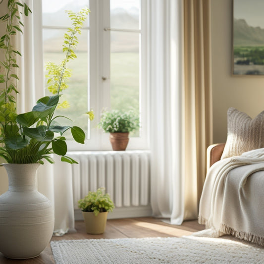 A bright and airy living room with a vase of fresh flowers, a few potted plants, and a natural fiber rug, illuminated by a large window with soft, white curtains.