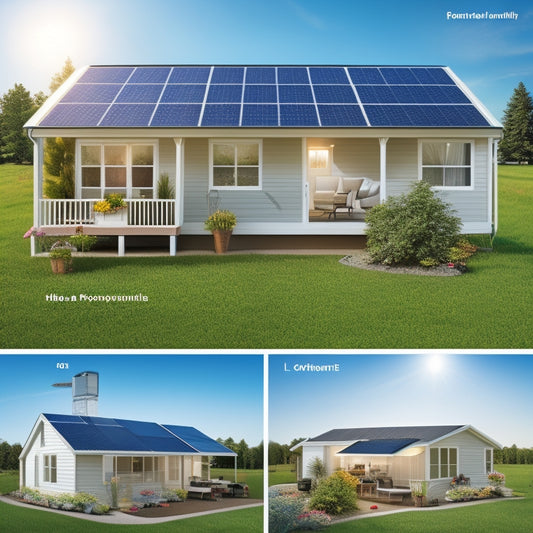 Generate an image depicting a mobile home with various solar panel mounting options: roof-mounted panels at different angles, ground-mounted panels with adjustable tilt, and a tracking system following the sun.