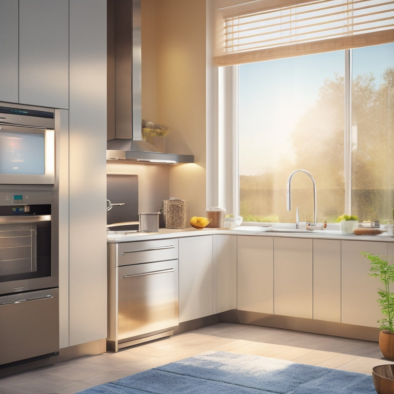 A modern kitchen featuring a pure sine wave inverter connected to sleek appliances, showcasing smooth power flow with vibrant energy waves. Sunlight streams through a window, illuminating the efficiency and harmony of the setup.