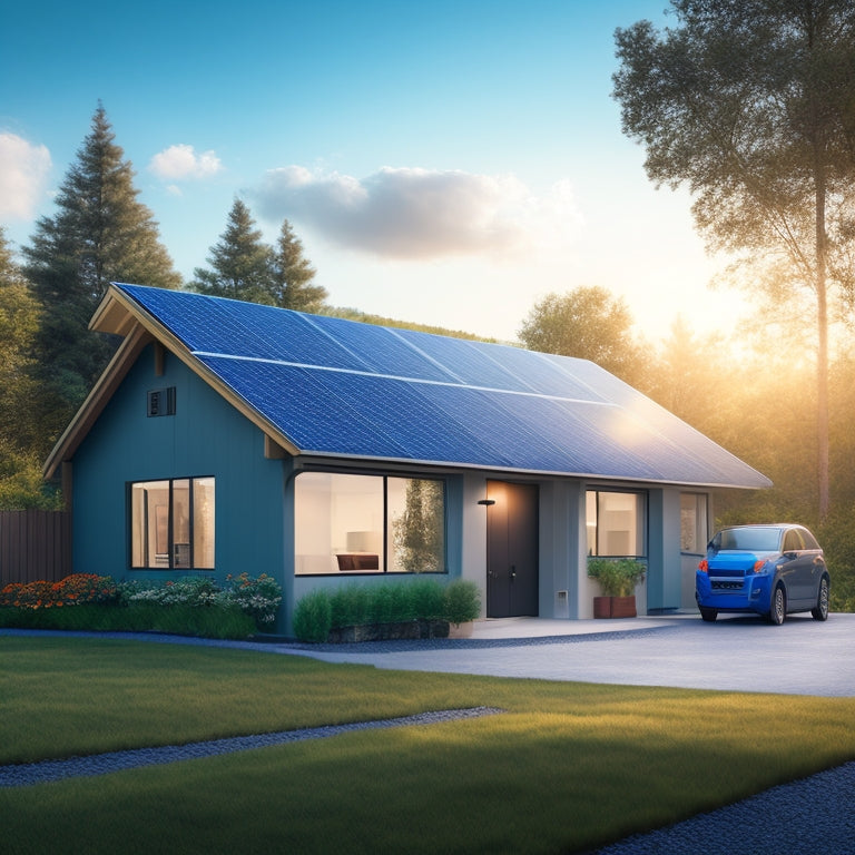 A photorealistic illustration of a modern home with solar panels on the roof, a battery bank in the garage, and a subtle background gradient of green and blue hues to represent sustainability.