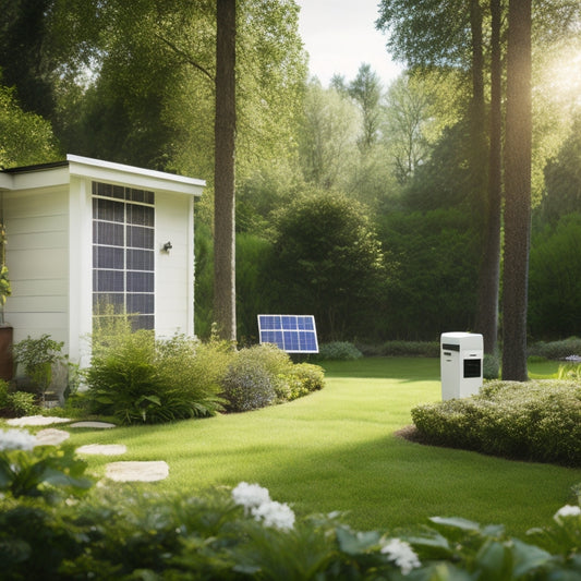 A serene backyard with a small, sleek solar panel array on a white-painted metal frame, connected to a compact, grey battery pack and a compact inverter, surrounded by lush greenery.