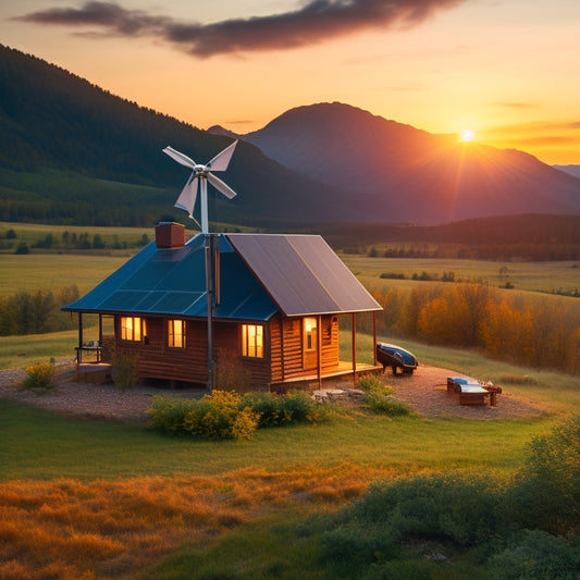 A serene off-grid homestead with a rustic cabin, surrounded by lush greenery, featuring a wind turbine, solar panels, and a battery bank, with a subtle mountainside backdrop during a warm sunset.