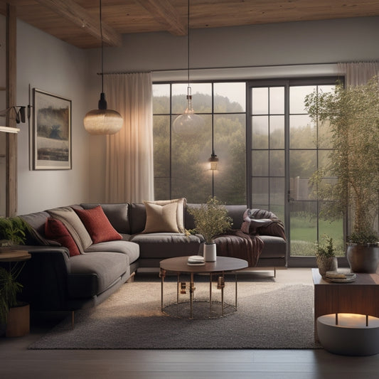 A serene living room with a large window, solar panels on the roof, and a hybrid lighting system featuring warm-toned floor lamps, table lamps, and string lights powered by a sleek, wall-mounted battery.