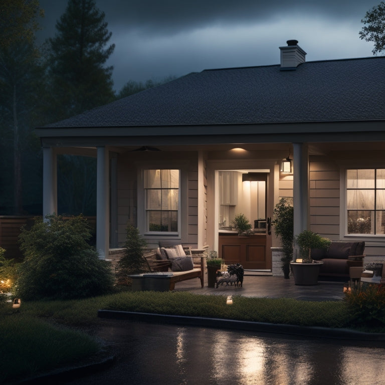 A cozy home illuminated by soft, warm lights during a storm, with a sleek home battery backup system in the corner. Outside, rain pours and trees sway, while a family enjoys a peaceful evening indoors.