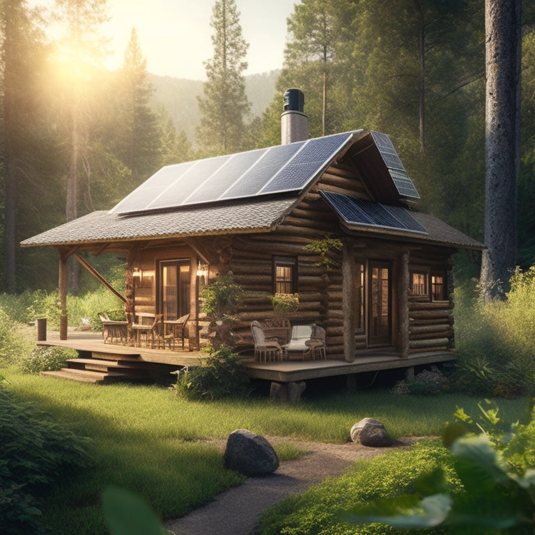 An illustration of a rustic cabin surrounded by lush greenery, with a solar panel array on the roof, a battery bank on the porch, and a few solar-powered gadgets nearby.