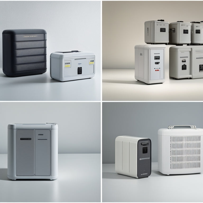 A split-screen image featuring five different portable home battery storage units, each with varying sizes and designs, set against a clean white background, with subtle shadows and soft focus.