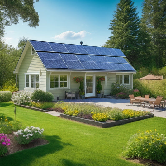 A sunny backyard with a modern solar panel array installed on the roof, with a few panels tilting at an angle, amidst a lush green lawn and a few blooming flowers.