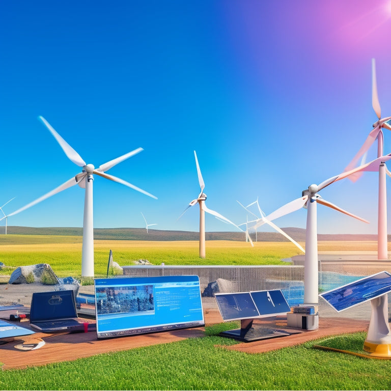 An illustration of a wind turbine's rotating blades against a bright blue sky, with various components (gearboxes, generators, blades) scattered around the base, surrounded by laptops and tablets displaying online shopping platforms.