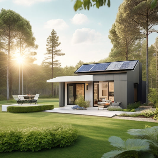 A serene, modern home surrounded by lush greenery, with a sleek solar panel array on the roof, a compact wind turbine in the backyard, and a compact battery storage unit near the entrance.