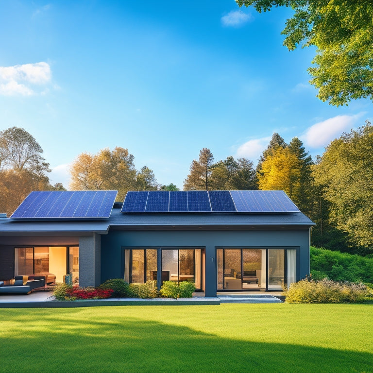 A serene suburban home with a sleek, black solar panel array on the roof, accompanied by a compact, modern battery storage unit in the foreground, amidst lush greenery and a bright blue sky.