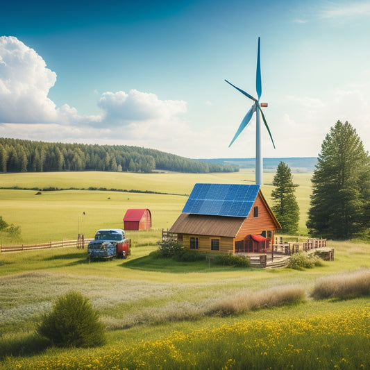 A serene rural landscape with a rustic cabin surrounded by lush greenery, featuring a wind turbine, solar panels, and a battery bank, under a bright blue sky with a few puffy clouds.