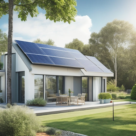 A modern home with rooftop solar panels and a sleek, wall-mounted battery bank in the background, surrounded by lush greenery and a sunny blue sky.