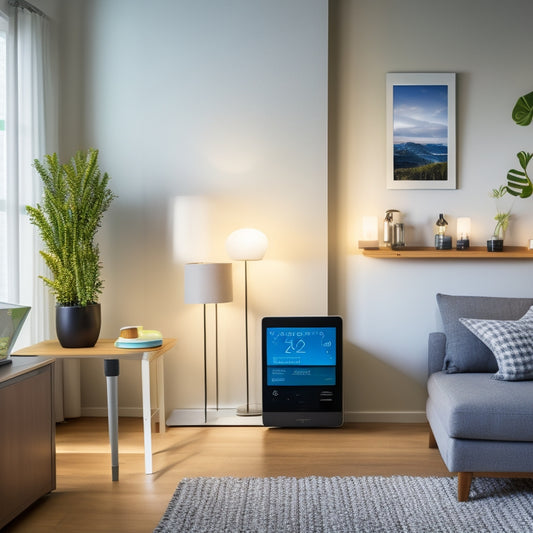 A modern living room with a tablet displaying a home energy usage dashboard, surrounded by various devices: a smart thermostat, an energy monitor, and a smart plug, amidst a subtle green glow.