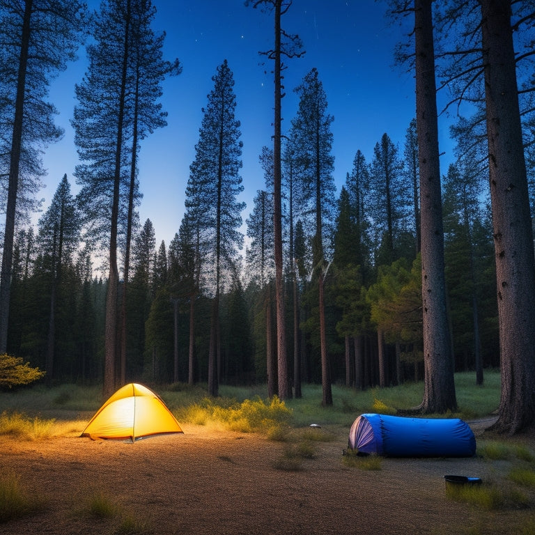 A serene campsite at twilight, featuring a compact tent, a portable stove, a compact sleeping bag, a collapsible chair, and a minimalist backpack, all set against a backdrop of towering pine trees and a starry sky.