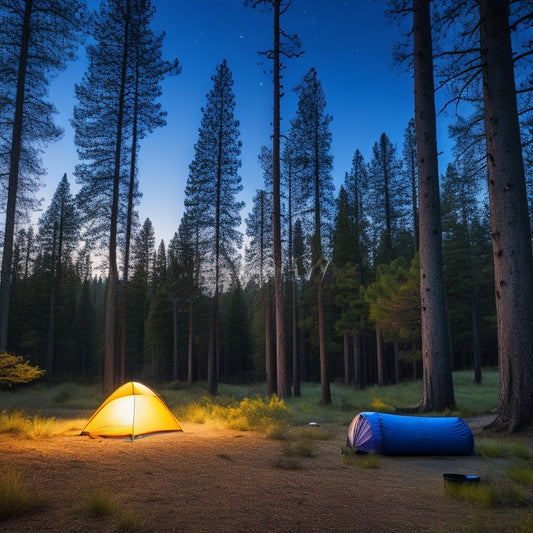 A serene campsite at twilight, featuring a compact tent, a portable stove, a compact sleeping bag, a collapsible chair, and a minimalist backpack, all set against a backdrop of towering pine trees and a starry sky.