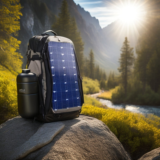 A rugged solar backpack charger against a backdrop of a sunlit mountain trail, surrounded by lush greenery, showcasing solar panels glistening under the sun, with climbing gear and a water bottle nearby.
