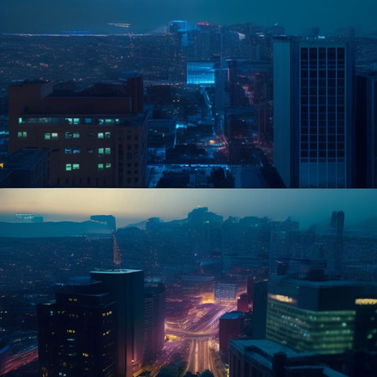 A split-screen image depicting a darkened cityscape with buildings and streets in blackout on one side, and a well-lit hospital or data center with backup generators and blinking servers on the other.