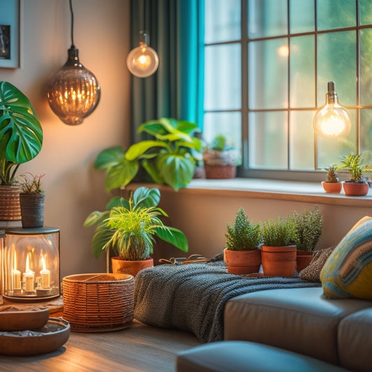 A cozy living room with various energy-efficient light bulbs displayed on a wooden table, surrounded by houseplants, showcasing warm, soft lighting. Include different bulb shapes and colors, with a window revealing a sunny day outside.