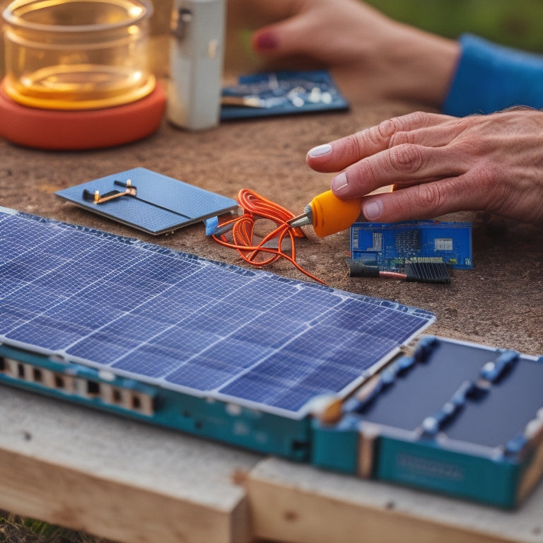 A close-up of a person's hands assembling a DIY solar battery, with wires, circuit boards, and photovoltaic cells scattered around a wooden workbench, set against a blurred outdoor background.
