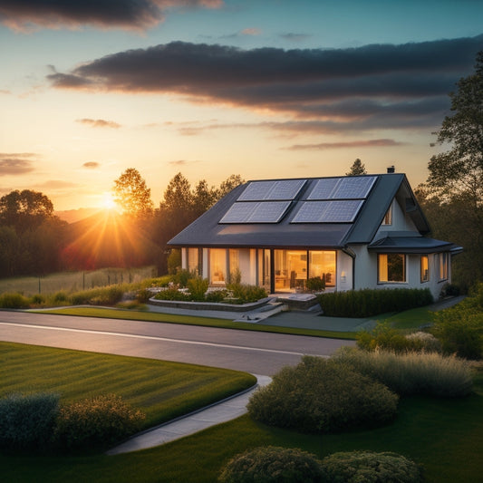 A serene suburban landscape at sunset, featuring a modern house with solar panels and a sleek battery storage system in the yard, surrounded by lush greenery and a clear sky, illustrating sustainability and energy efficiency.