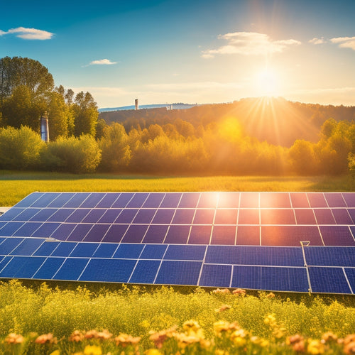 A vibrant solar panel field basking in sunlight, juxtaposed with a smoky traditional power plant emitting dark fumes, surrounded by lush greenery, symbolizing clean energy versus pollution, with a bright blue sky overhead.