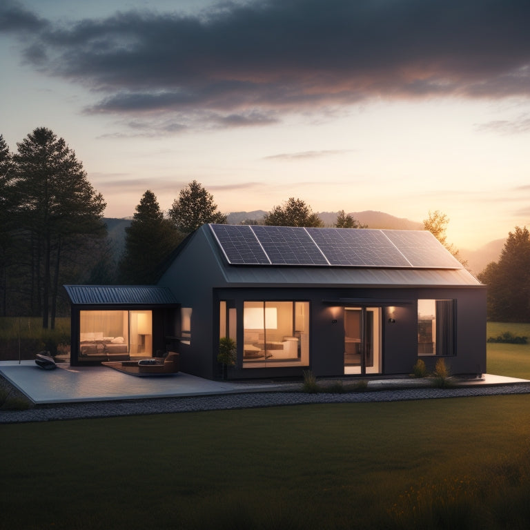 A serene, modern home with a sleek, black solar panel array on the roof, a compact battery backup unit on the ground, and a faint, sunny glow illuminating the surrounding landscape.