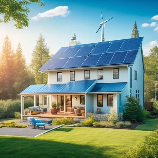 A serene suburban home with a solar panel roof, wind turbine in the backyard, and a battery storage unit visible through a window, surrounded by lush greenery and a bright blue sky.