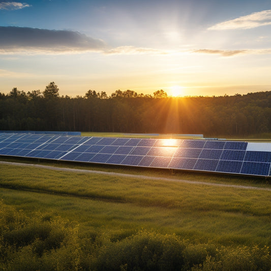 A serene, sun-drenched landscape with a sleek, modern solar panel array in the foreground, connected to a nearby battery storage unit, surrounded by lush greenery and a faint grid of power lines in the distance.