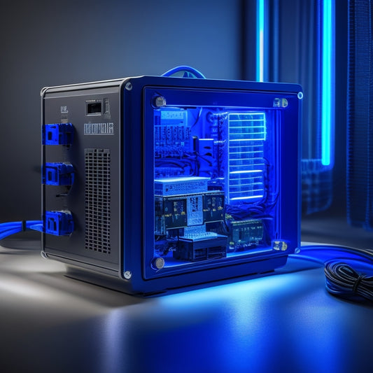 An illustration featuring a compact, sleek inverter and charger unit, with glowing blue circuits and wires, surrounded by a faint grid of electrical connections, set against a dark blue background.