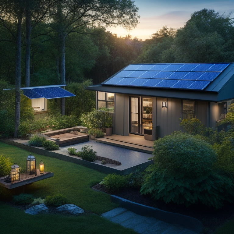 A serene backyard with a small, sleek solar panel array on the roof, connected to a compact inverter and battery bank, surrounded by lush greenery and a few solar-powered lanterns.