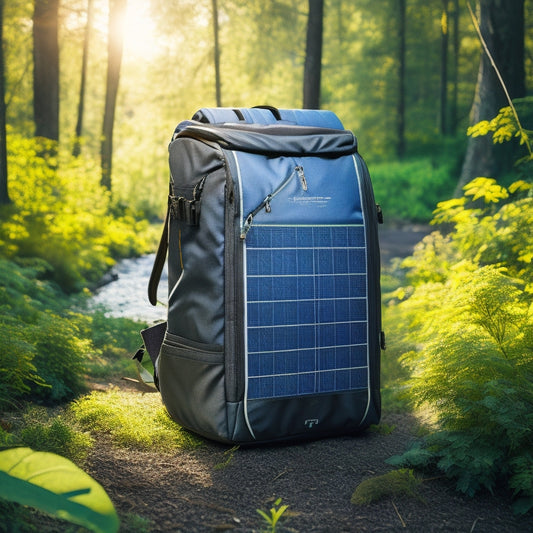 A rugged solar-powered backpack in a vibrant outdoor setting, featuring adjustable straps, a solar panel on top, multiple compartments, and a water-resistant exterior, surrounded by nature with trees and sunlight filtering through leaves.