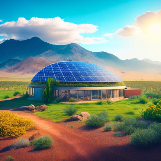 An illustration of an earthship home with a ground-mounted solar panel array in the foreground, surrounded by lush greenery and a distant mountain range under a bright blue sky.