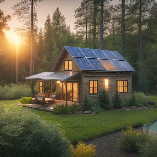 A serene off-grid cabin surrounded by lush greenery, solar panels glistening on the roof, an energy inverter with glowing indicators, and a peaceful sunset casting warm light, showcasing sustainable living and energy independence.