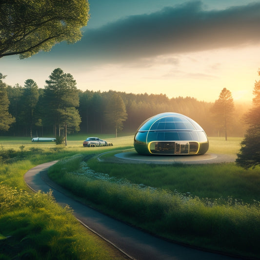 A futuristic landscape with sleek, curved batteries and solar panels integrated into a lush, green forest, illuminated by a warm, sunny glow, surrounded by electric vehicles and wind turbines in the distance.