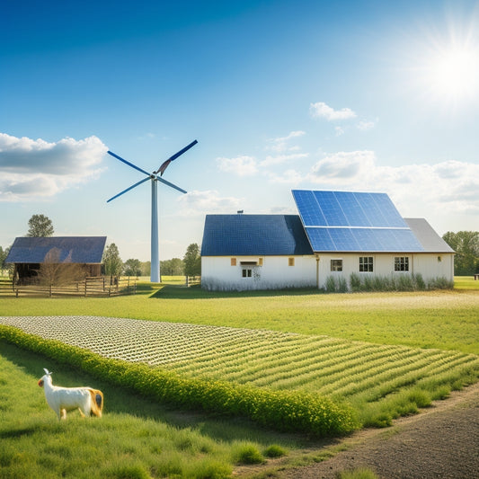 A serene rural landscape with a solar panel array in the foreground, surrounding a rustic farm with a windmill and a farmhouse, under a bright blue sky with a few white clouds.