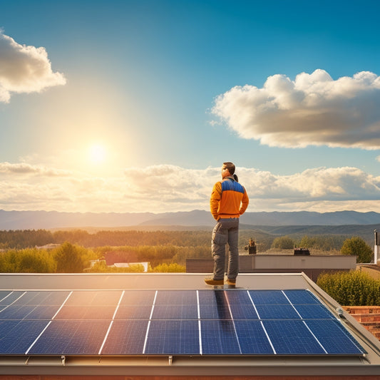 An illustration of a homeowner standing on a rooftop, surrounded by solar panels, with a toolbox and wires at their feet, and a sunny sky with fluffy white clouds in the background.