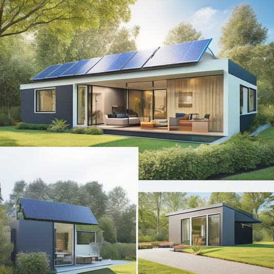 A modern, sleek home with solar panels on the roof, a compact smart energy storage unit on the exterior wall, and a lush green backyard with a few trees, conveying a sense of eco-friendliness and independence.