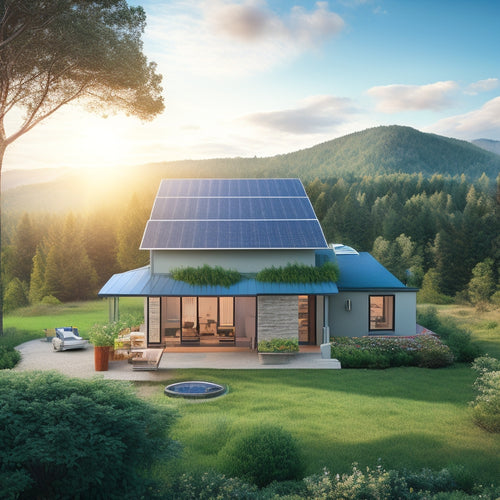 An illustration of a serene off-grid home surrounded by lush greenery, with a rooftop solar panel array, a wind turbine, and a battery bank with various battery types in the foreground.